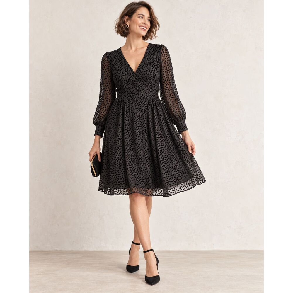 Boden Black Flocked Dot Mesh Dress US 12 Long Sleeve V-Neck Fit Flare